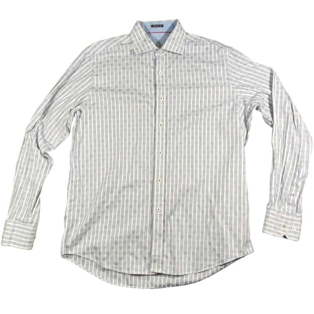 Bugatchi Uomo Button Down Mens XL Blue White Striped Classic Fit Cotton Shirt